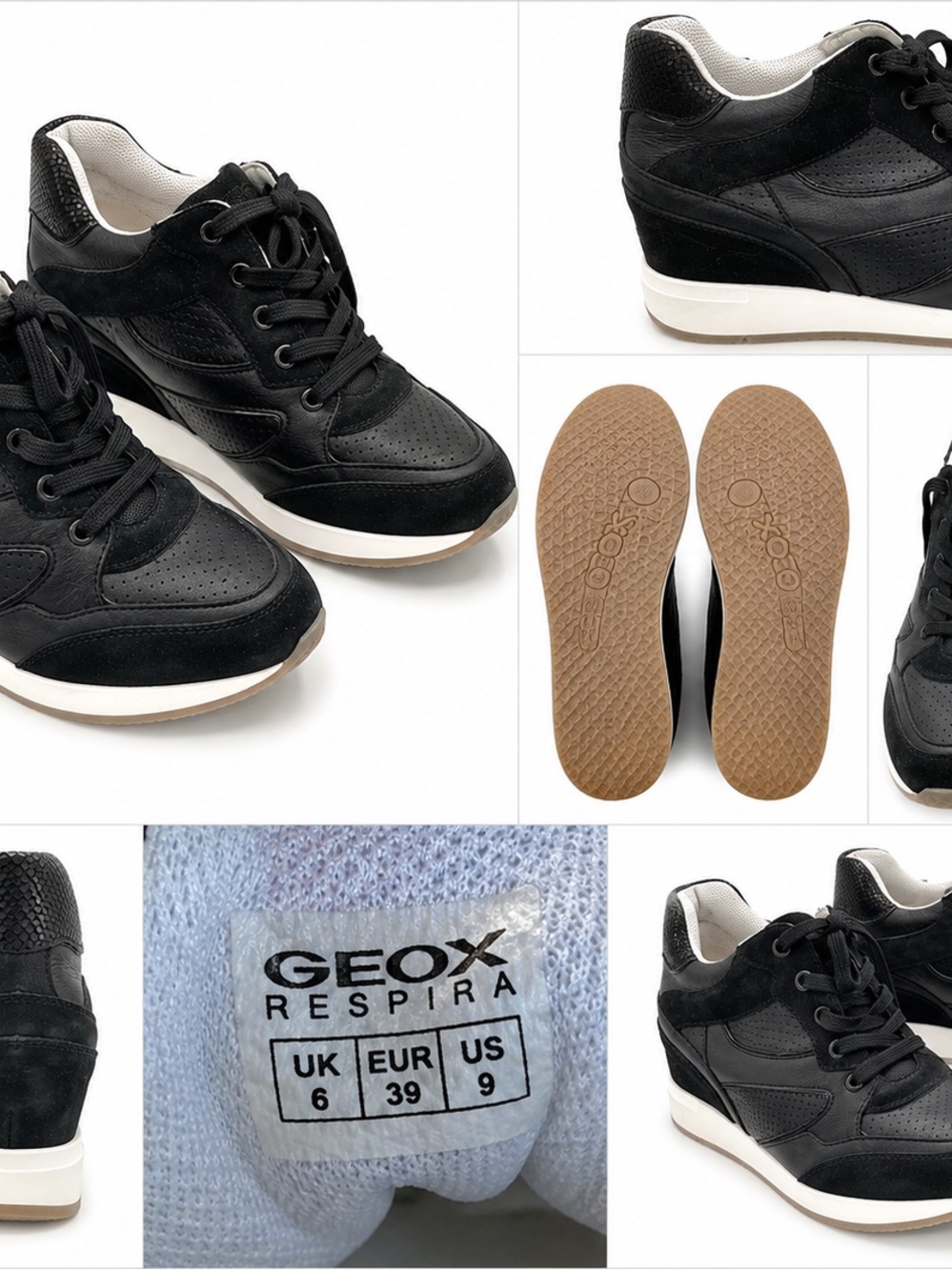 Geox Respira Black Wedge Sneakers Leather Suede Size 39 US 9